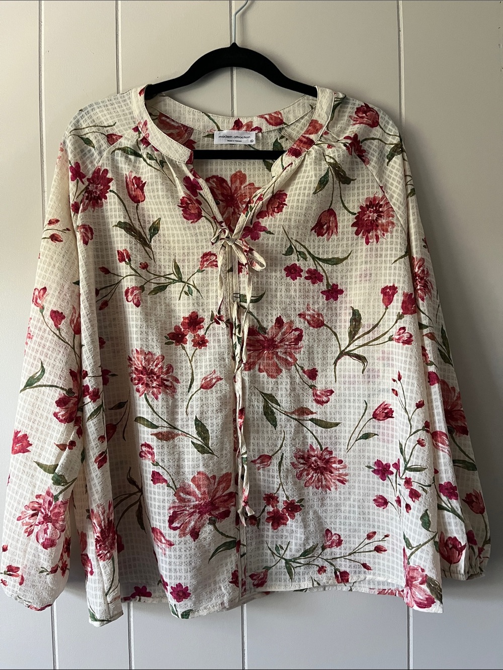 Floral Tie-Front Peasant Blouse - Cream with Red Floral